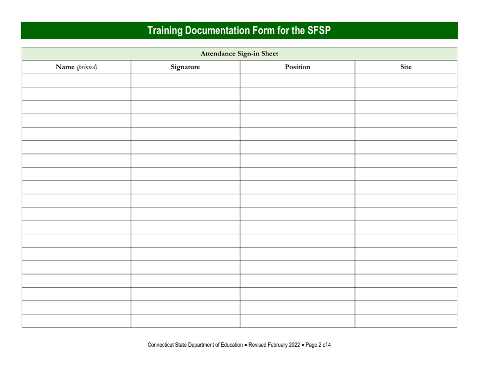 Training Documentation Form for the Summer Food Service Program (Sfsp) - Connecticut, Page 2