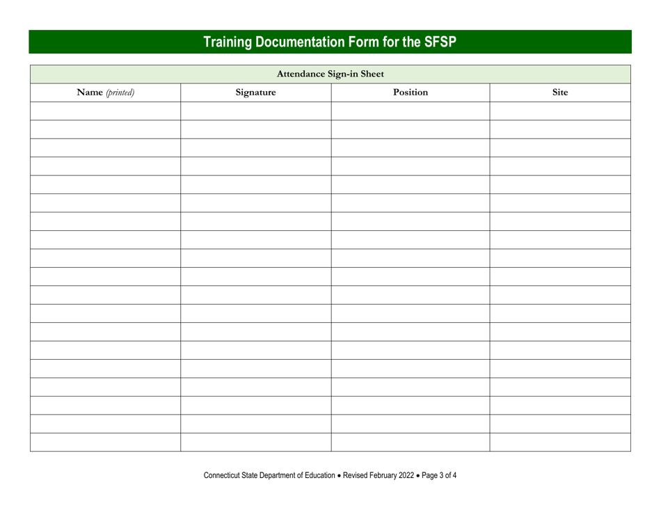 Training Documentation Form for the Summer Food Service Program (Sfsp) - Connecticut, Page 3