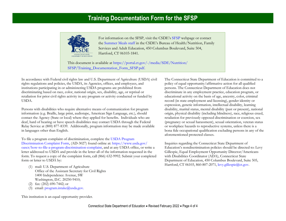 Training Documentation Form for the Summer Food Service Program (Sfsp) - Connecticut, Page 4