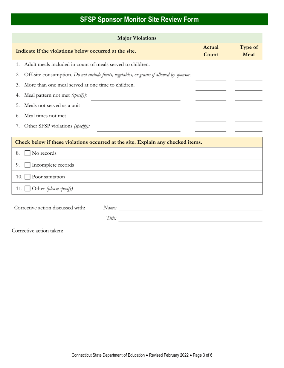 Summer Food Service Program (Sfsp) Sponsor Monitor Site Review Form - Connecticut, Page 3