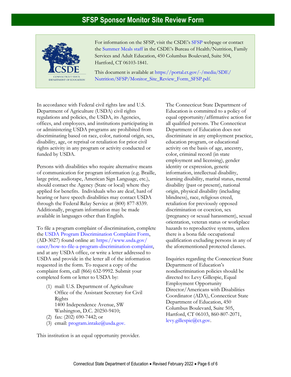 Summer Food Service Program (Sfsp) Sponsor Monitor Site Review Form - Connecticut, Page 6