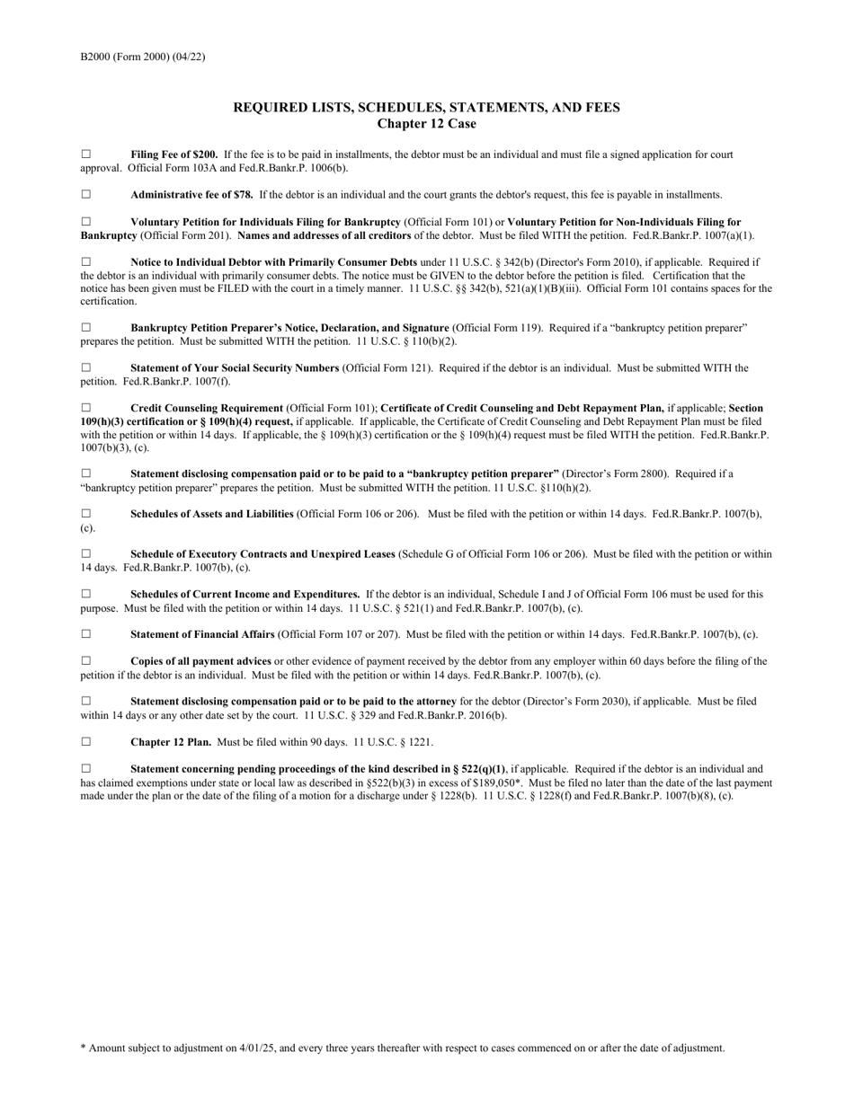 Form B2000 Required Lists, Schedules, Statements, and Fees, Page 3