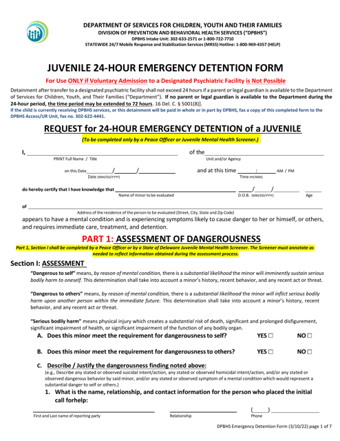 Juvenile 24-hour Emergency Detention Form - Delaware