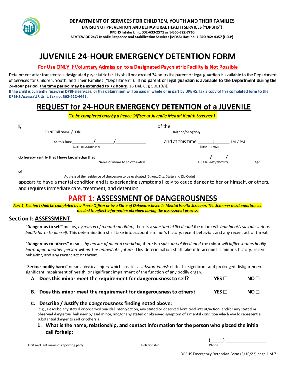 Juvenile 24-hour Emergency Detention Form - Delaware, Page 1