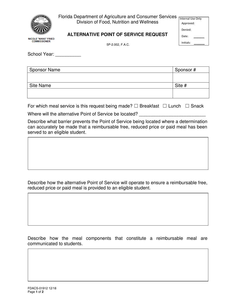 Form FDACS-01912 Alternative Point of Service Request - Florida, Page 1