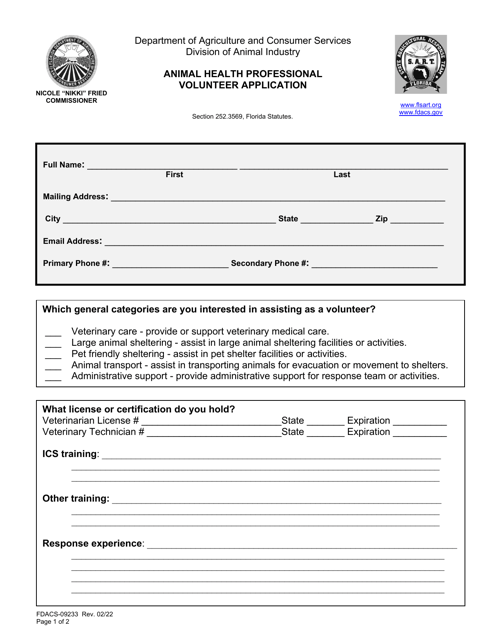Form FDACS-09233 Animal Health Professional Volunteer Application - Florida