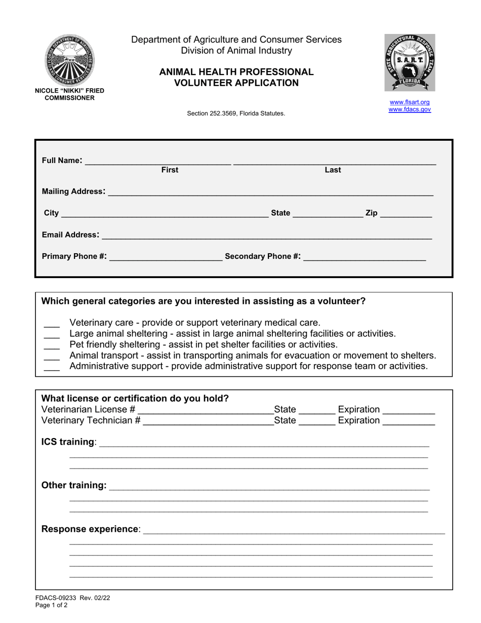 Form FDACS-09233 Animal Health Professional Volunteer Application - Florida, Page 1
