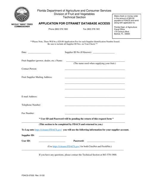 Form FDACS-07033 Application for Citranet Database Access - Florida