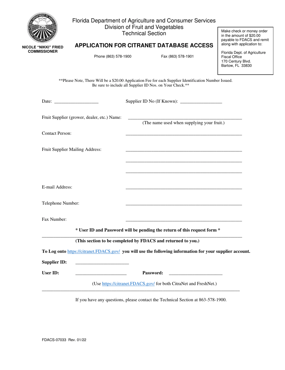 Form FDACS-07033 Application for Citranet Database Access - Florida, Page 1