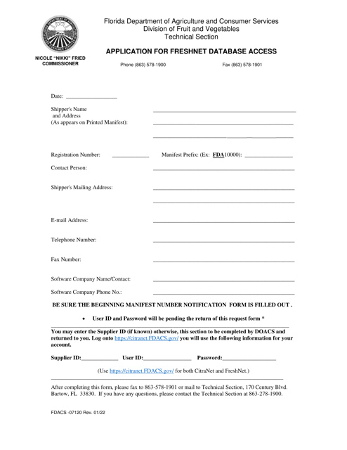 Form FDACS-07120 Application for Freshnet Database Access - Florida