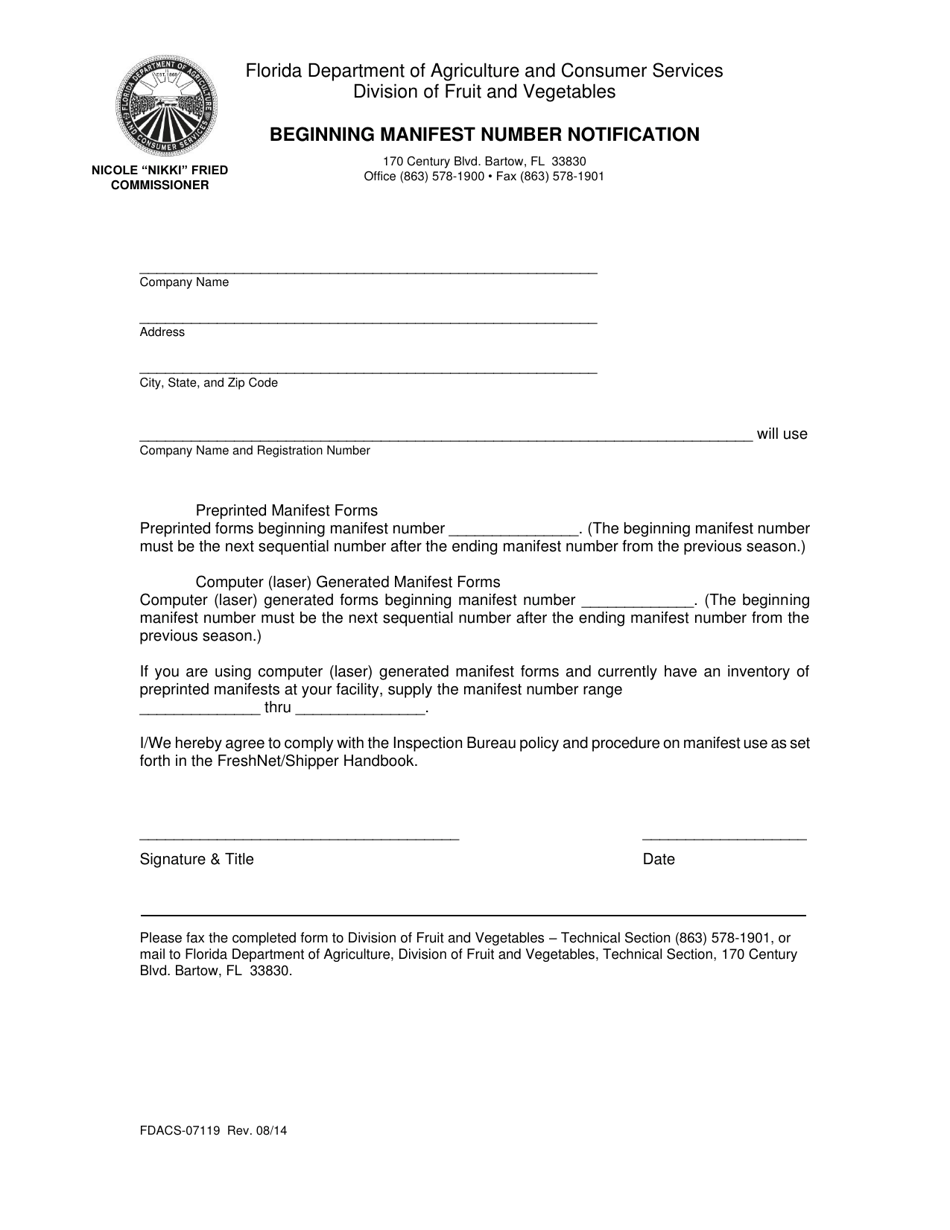 Form FDACS-07119 Beginning Manifest Number Notification - Florida, Page 1