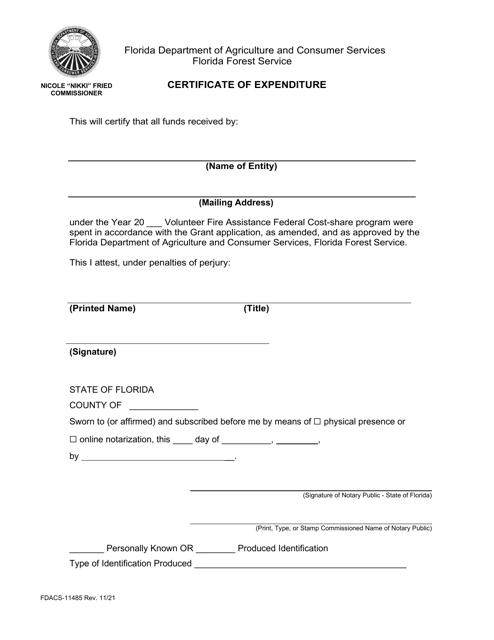 Form FDACS-11485 Certificate of Expenditure - Florida