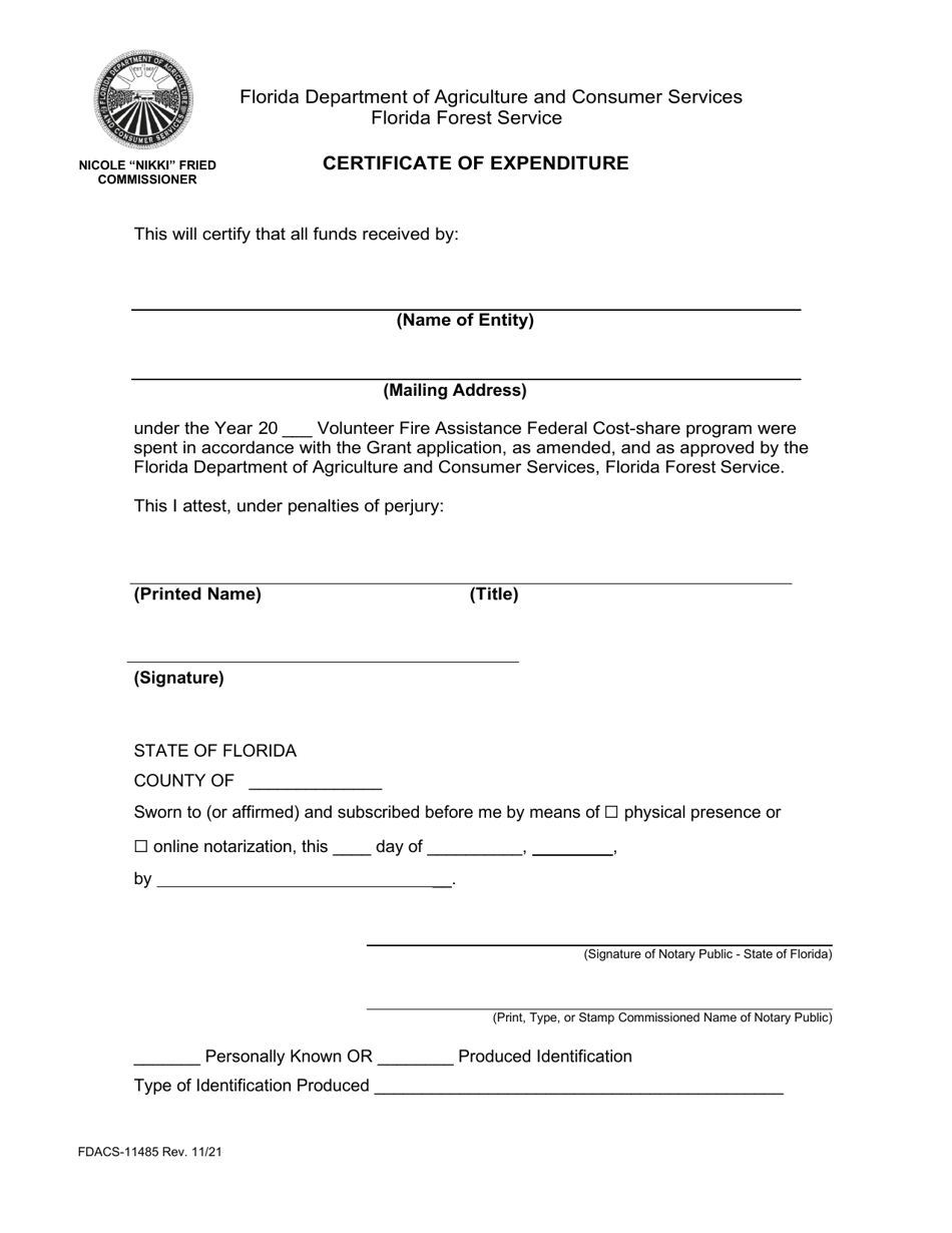 Form FDACS-11485 Certificate of Expenditure - Florida, Page 1