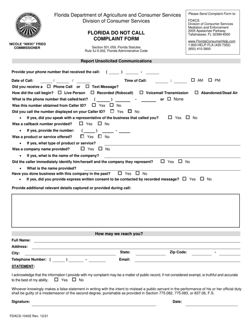 Form FDACS-10402 Florida Do Not Call Complaint Form - Florida