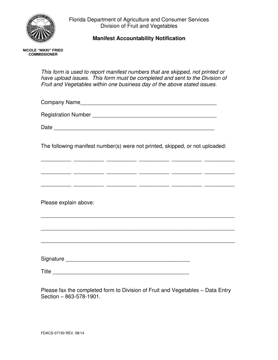 Form FDACS-07150 Manifest Accountability Notification - Florida, Page 1