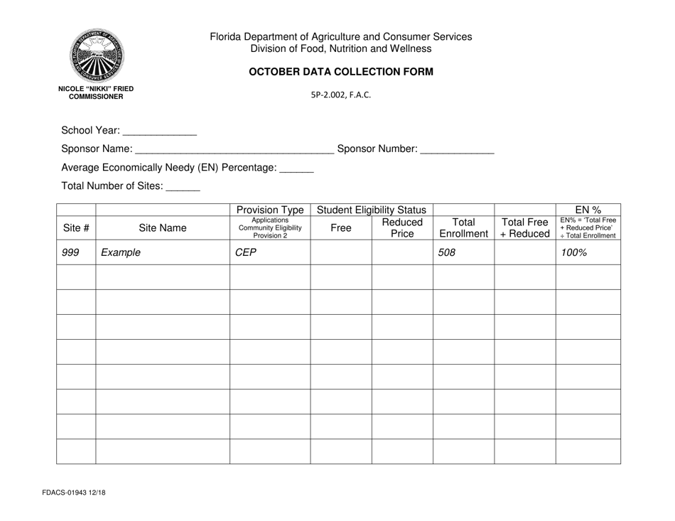 Form FDACS-01943 October Data Collection Form - Florida, Page 1