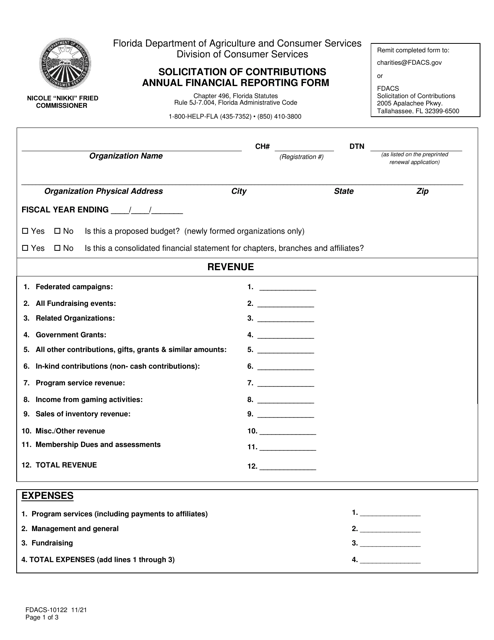 Form FDACS-10122 Solicitation of Contributions Annual Financial Reporting Form - Florida
