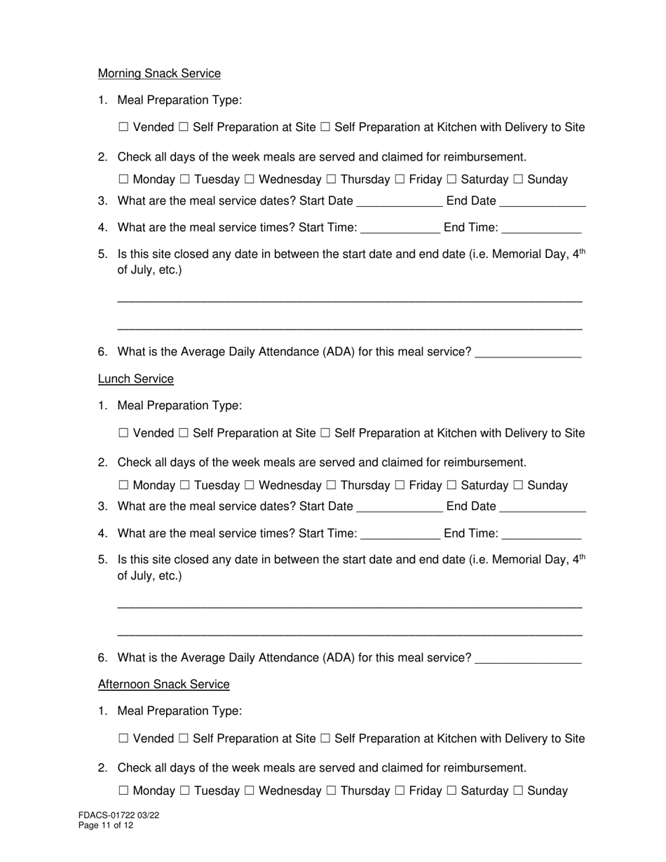 Form FDACS-01722 Summer Food Service Program Application - Florida, Page 11