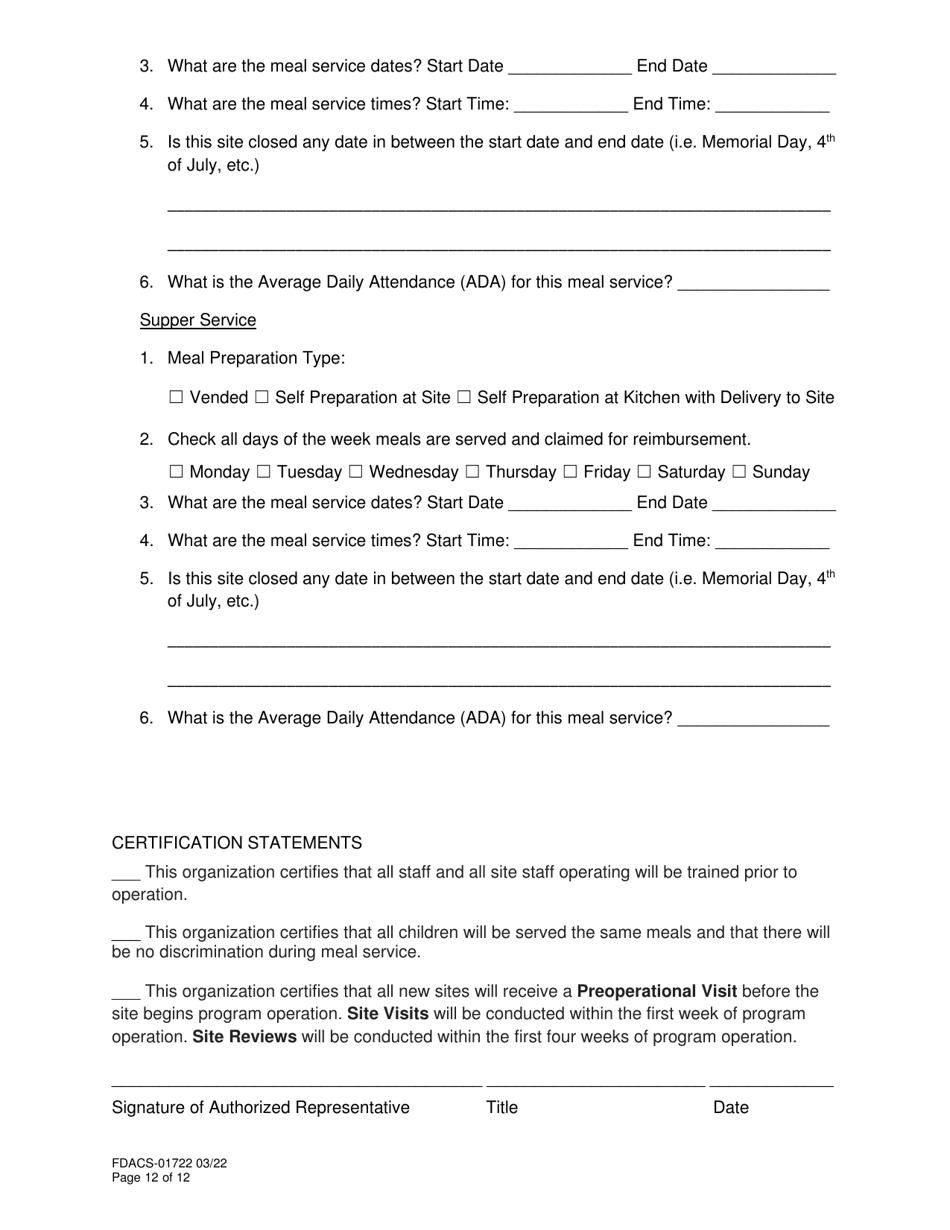 Form FDACS-01722 Summer Food Service Program Application - Florida, Page 12