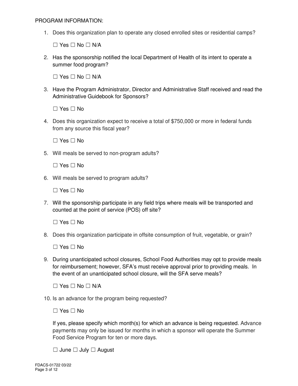 Form FDACS-01722 Summer Food Service Program Application - Florida, Page 3