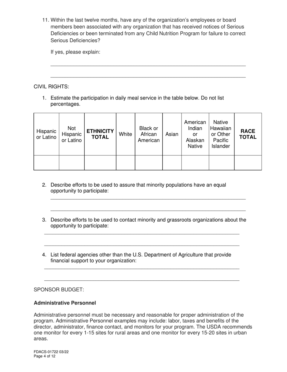 Form FDACS-01722 Summer Food Service Program Application - Florida, Page 4