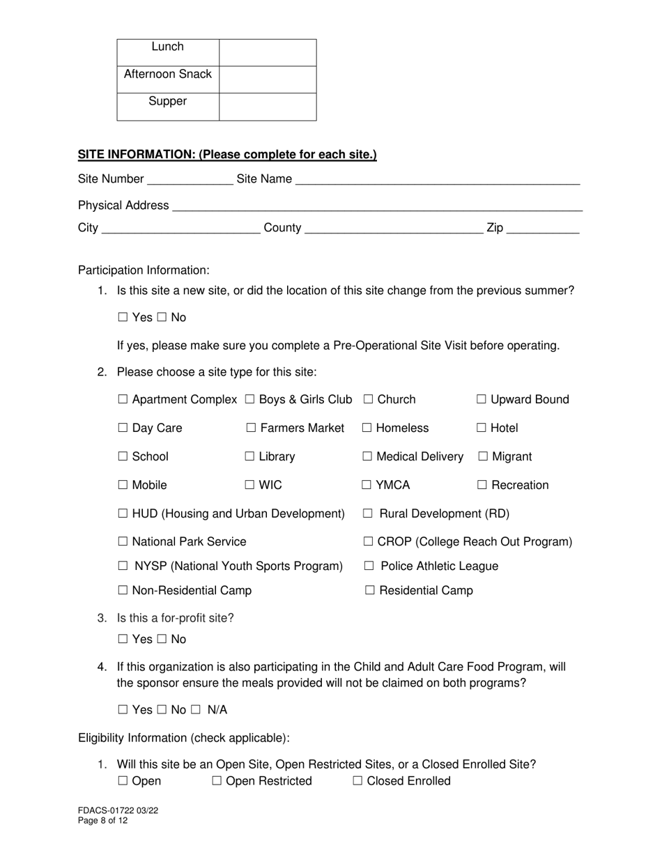 Form FDACS-01722 Summer Food Service Program Application - Florida, Page 8