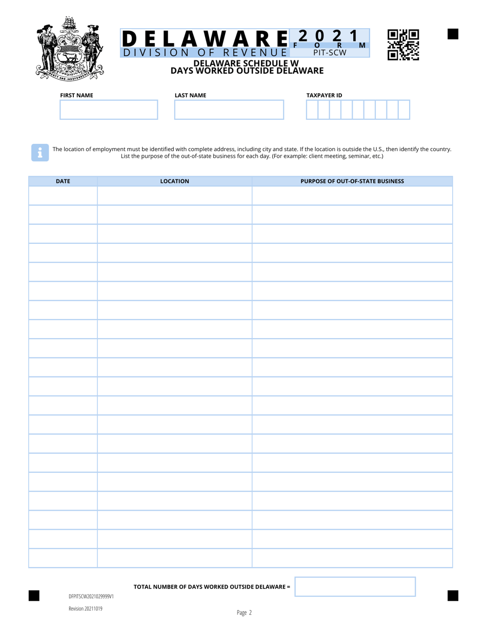Form PIT-SCW Schedule W Apportionment Worksheet - Delaware, Page 2
