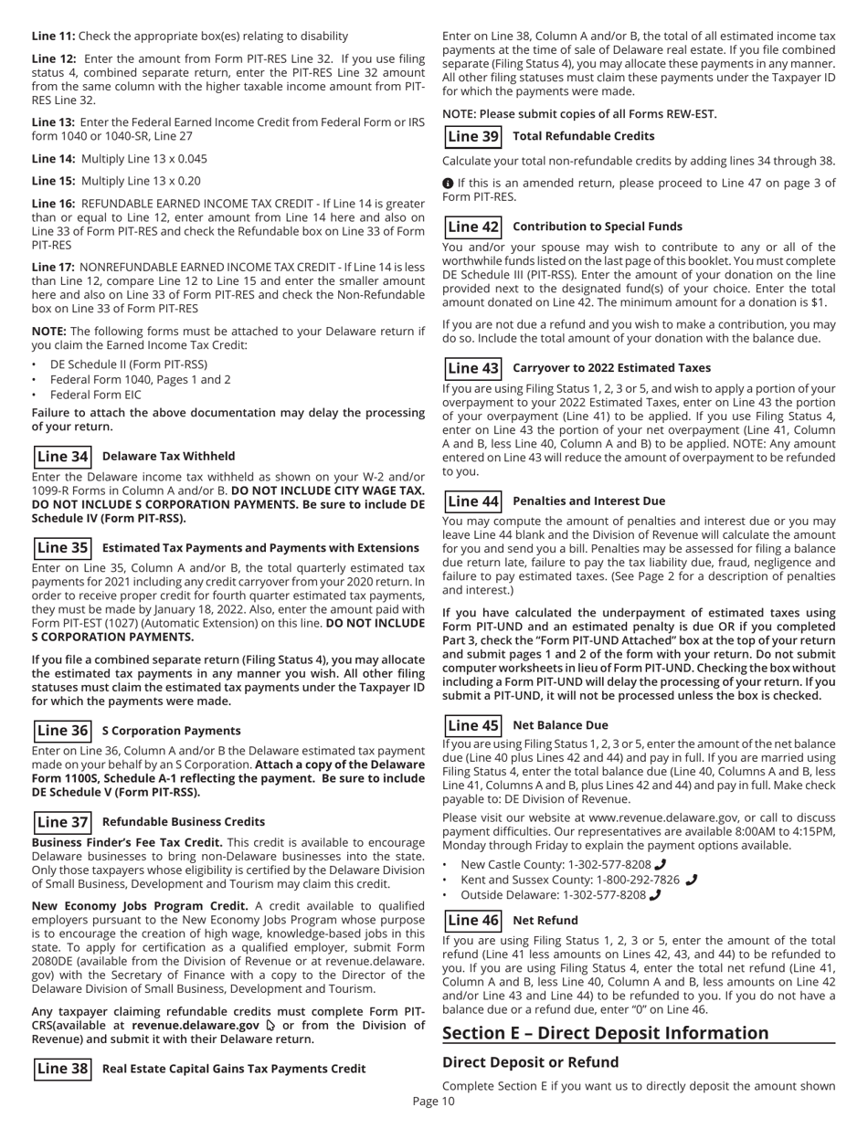 Instructions for Form PIT-RES Delaware Individual Resident Income Tax Return - Delaware, Page 10