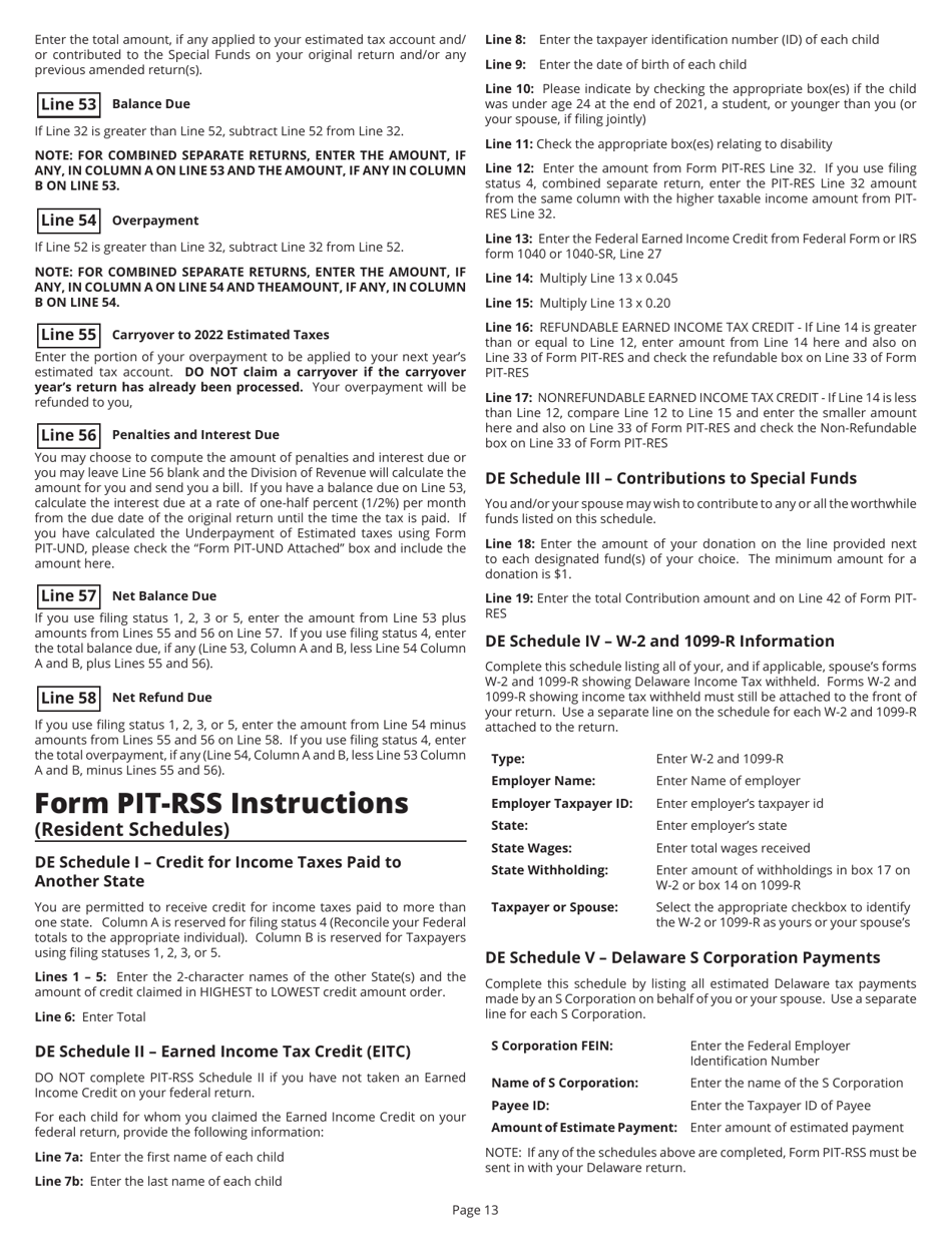 Instructions for Form PIT-RES Delaware Individual Resident Income Tax Return - Delaware, Page 13