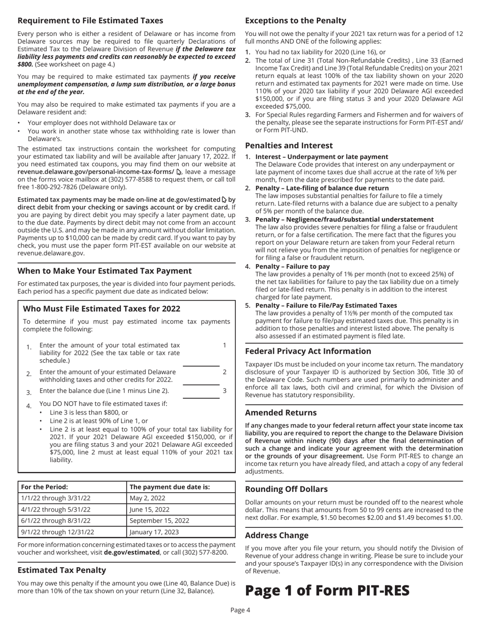 Instructions for Form PIT-RES Delaware Individual Resident Income Tax Return - Delaware, Page 4