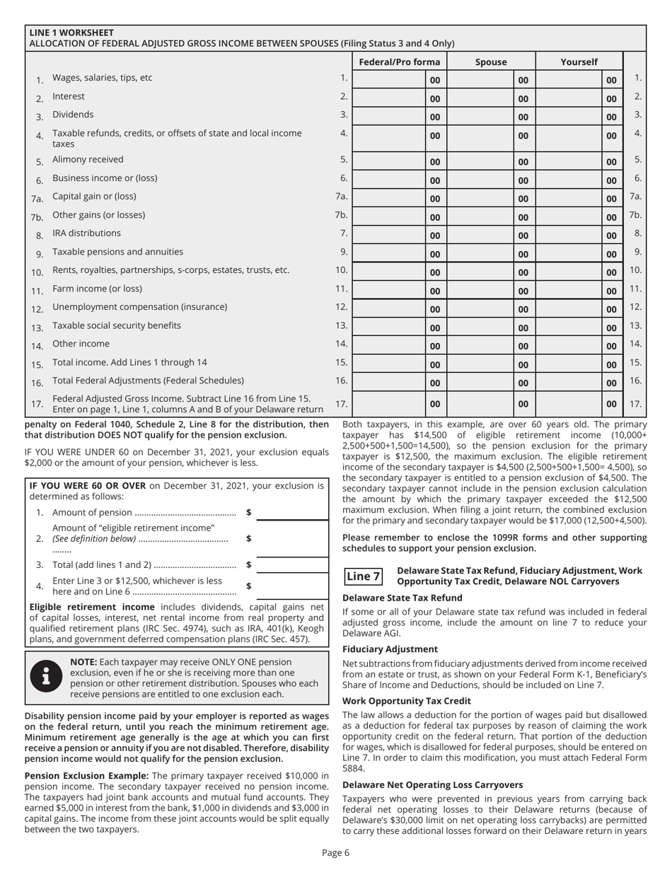 Instructions for Form PIT-RES Delaware Individual Resident Income Tax Return - Delaware, Page 6