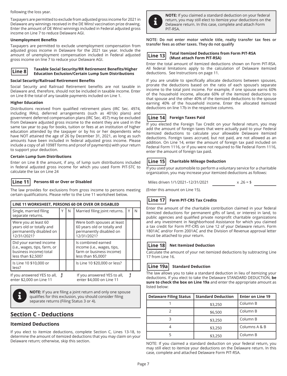 Instructions for Form PIT-RES Delaware Individual Resident Income Tax Return - Delaware, Page 7