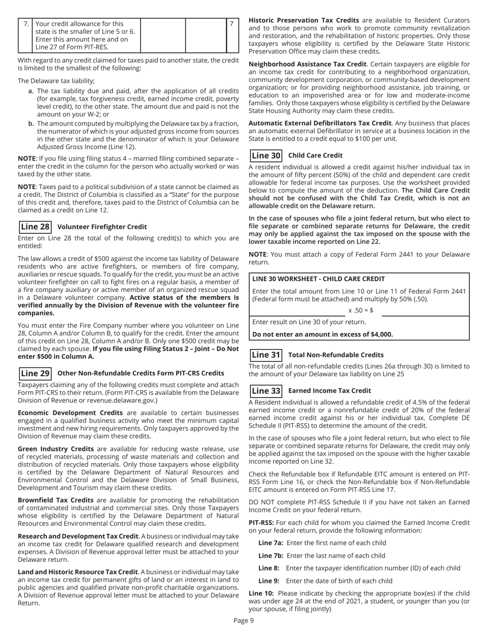 Instructions for Form PIT-RES Delaware Individual Resident Income Tax Return - Delaware, Page 9