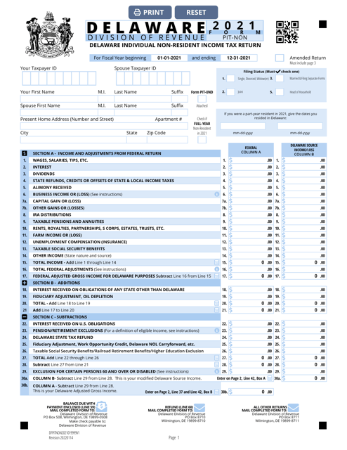 Form PIT-NON 2021 Printable Pdf