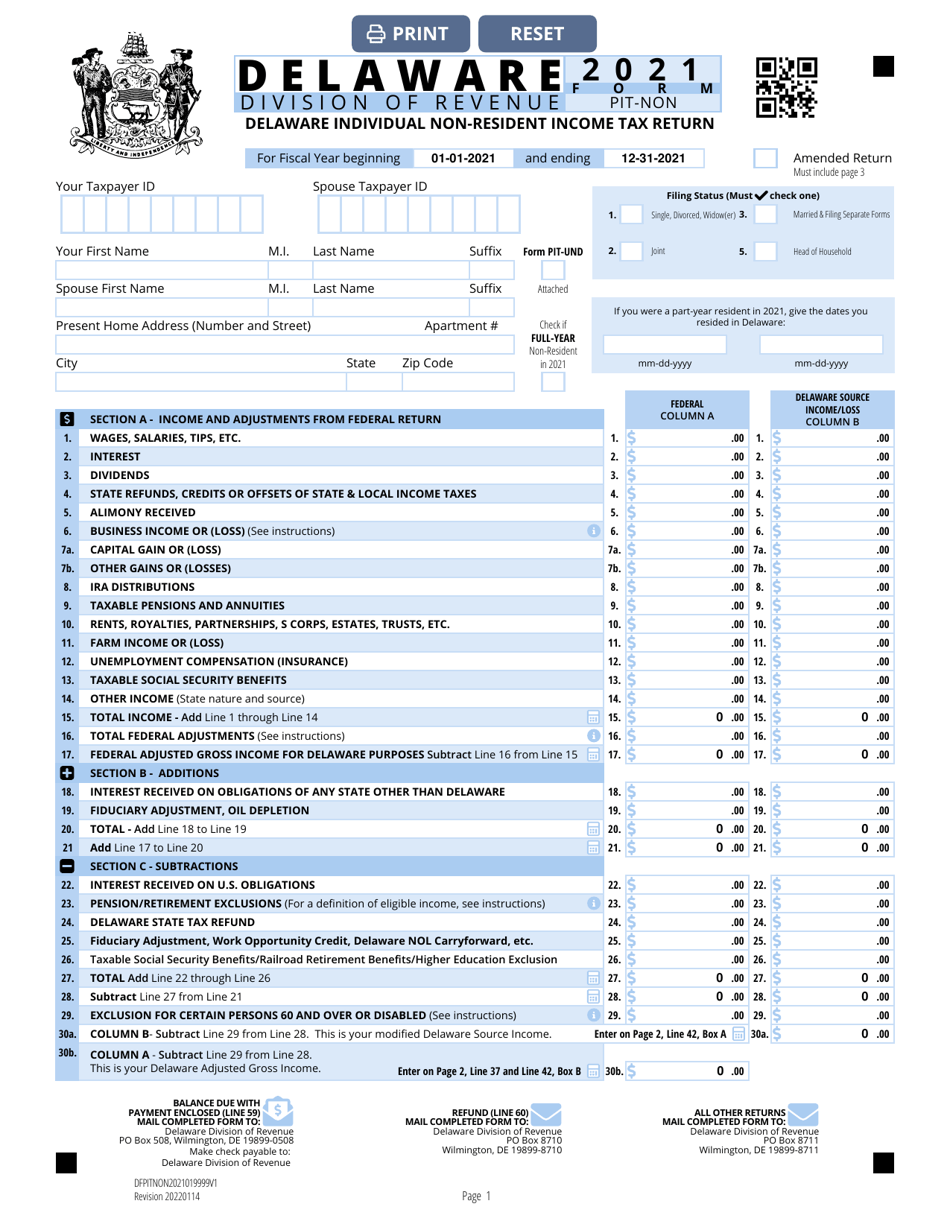 Form PIT-NON Delaware Individual Non-resident Income Tax Return - Delaware, Page 1