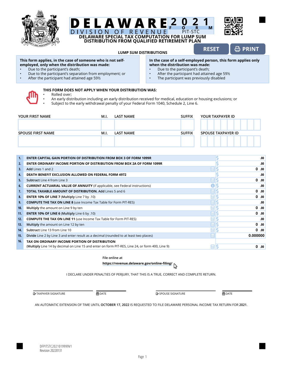 Form PIT-STC Special Tax Computation for Lump Sum Distribution From Qualified Retirement Plan - Delaware, Page 1