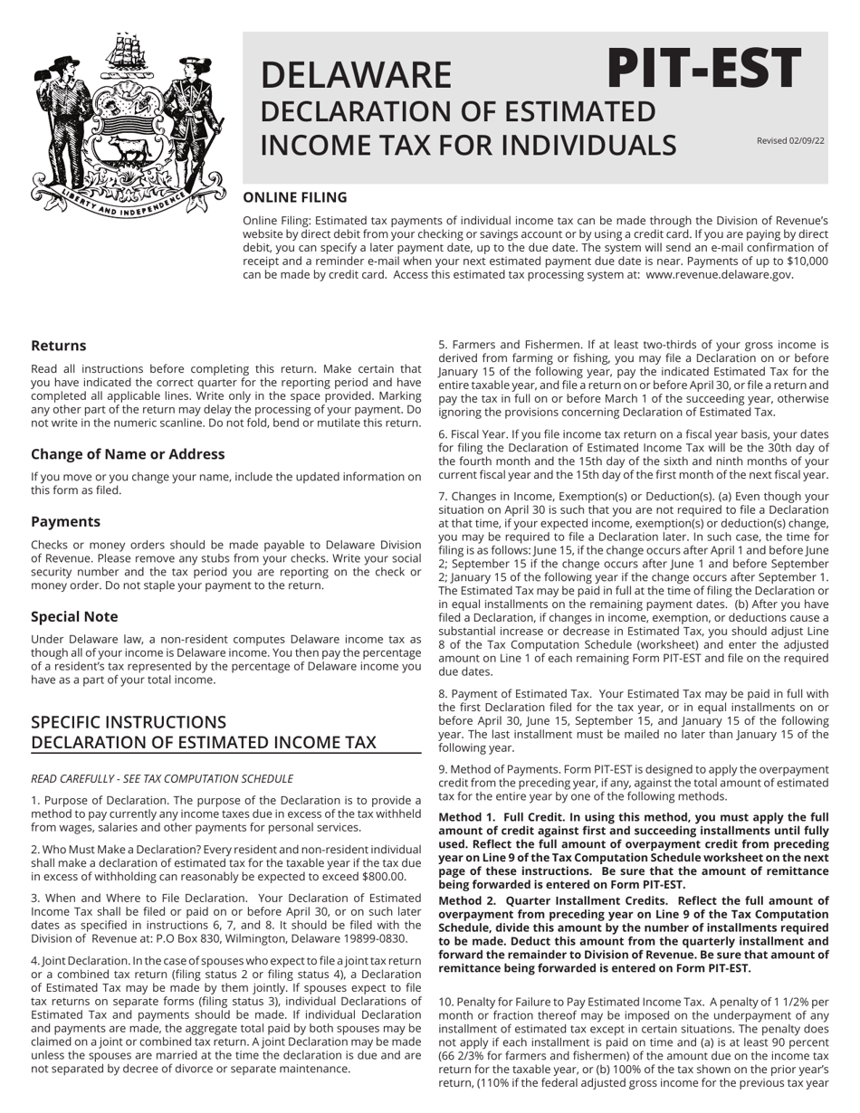 Instructions for Form PIT-EST Declaration of Estimated Income Tax for Individuals - Delaware, Page 1