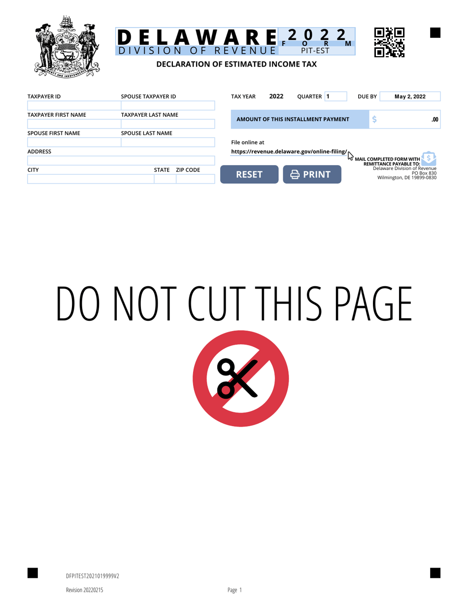 Form PIT-EST Declaration of Estimated Income Tax - Delaware, Page 1