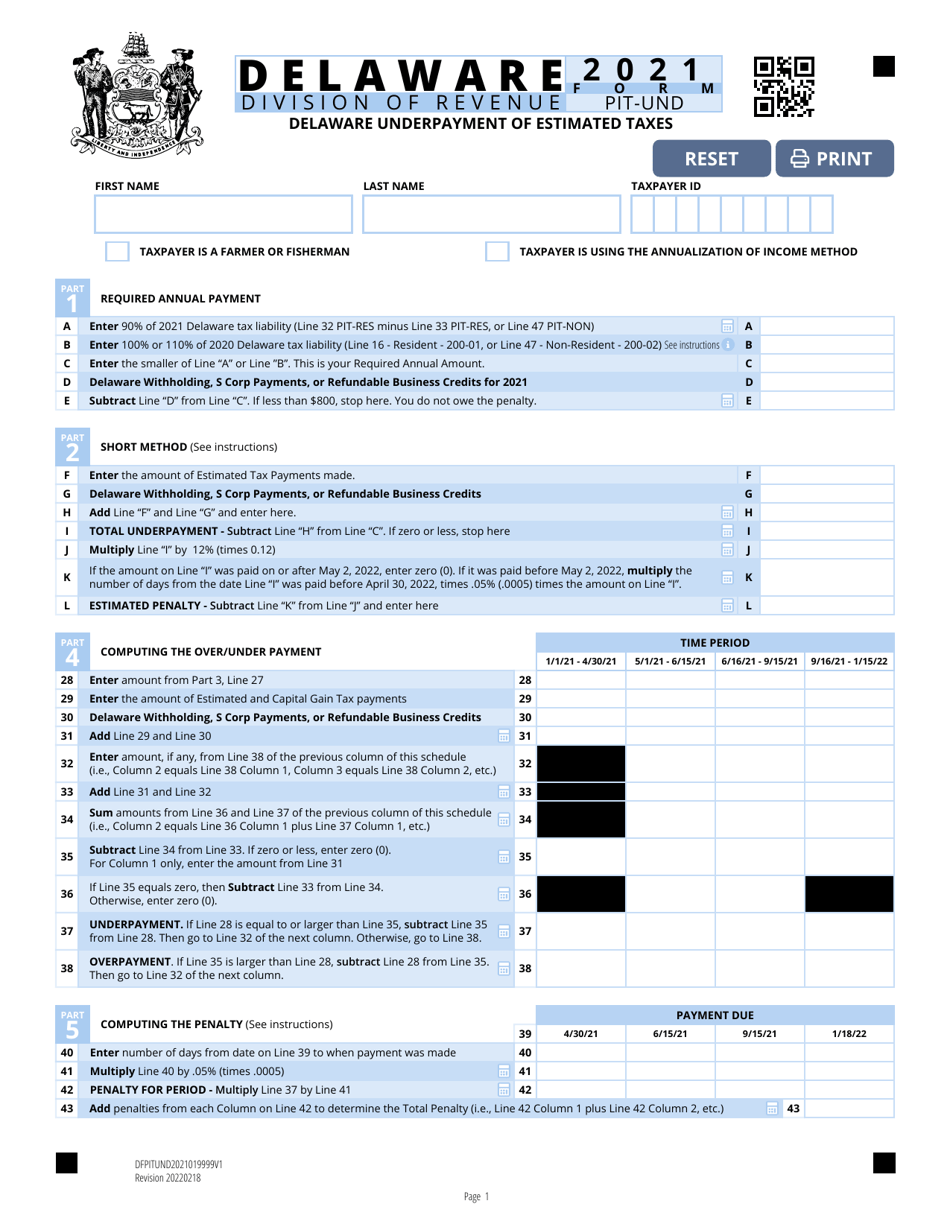 Form PIT-UND Delaware Underpayment of Estimated Taxes - Delaware, Page 1