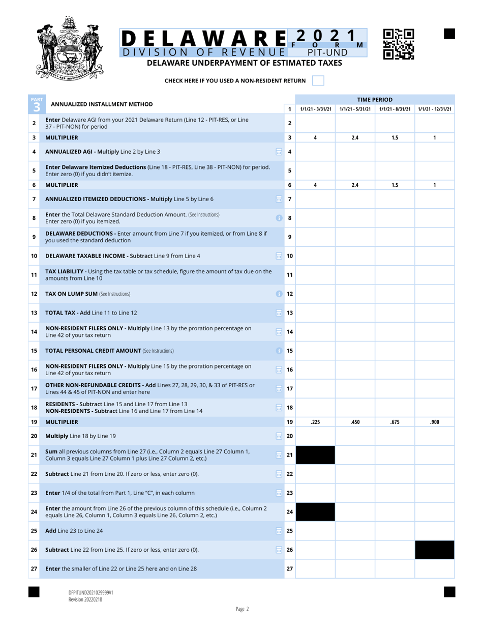 Form PIT-UND Delaware Underpayment of Estimated Taxes - Delaware, Page 2