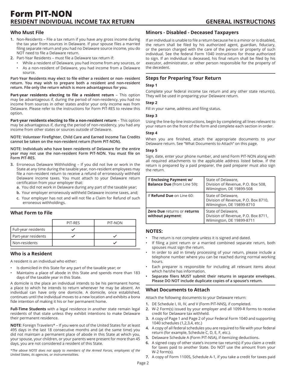 Instructions for Form PIT-NON Delaware Individual Non-resident Income Tax Return - Delaware, Page 2