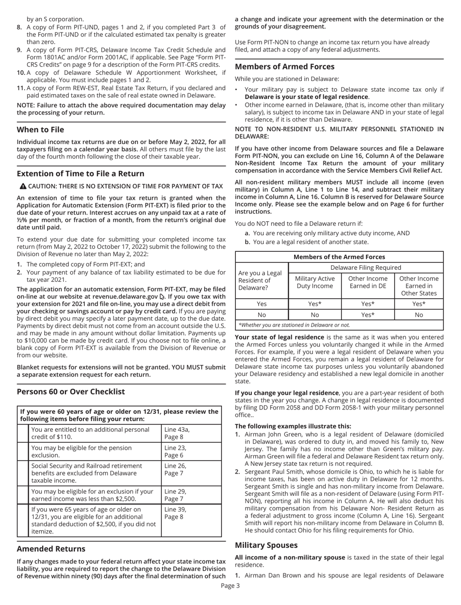 Instructions for Form PIT-NON Delaware Individual Non-resident Income Tax Return - Delaware, Page 3
