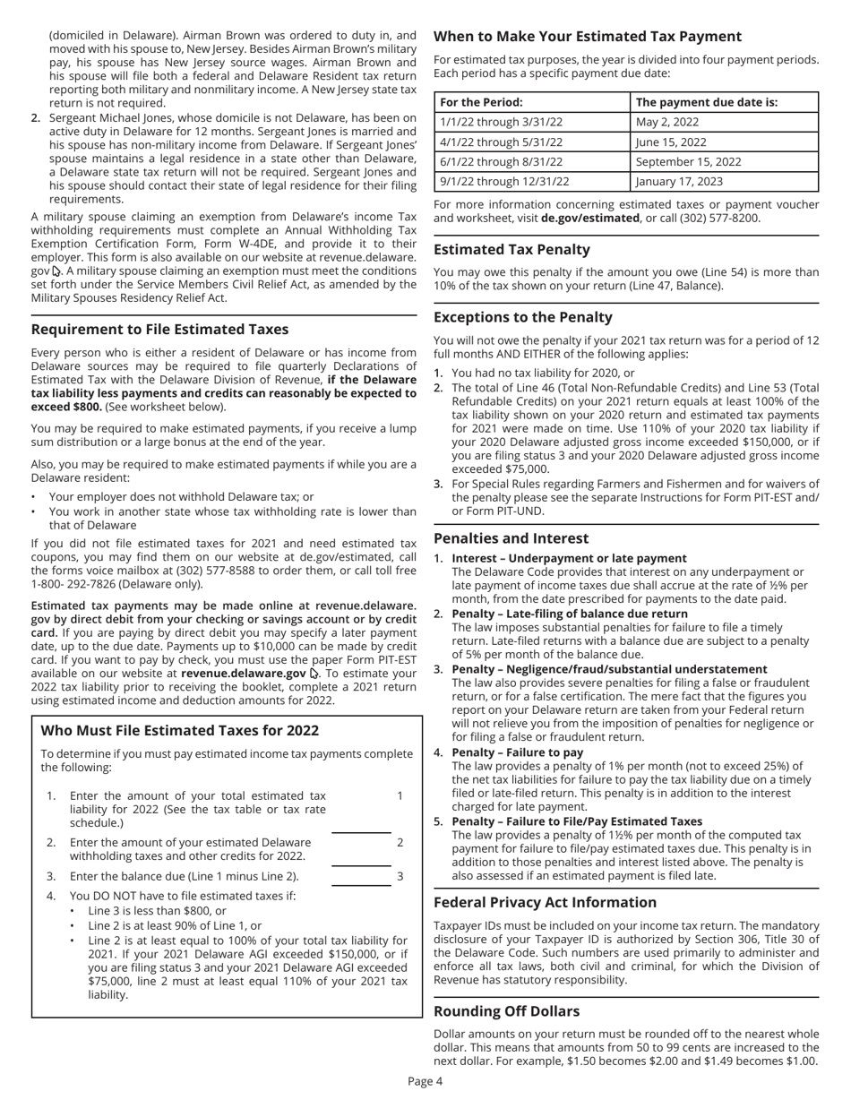 Instructions for Form PIT-NON Delaware Individual Non-resident Income Tax Return - Delaware, Page 4