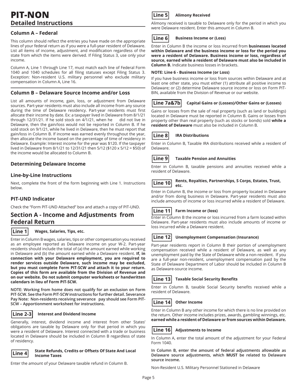 Instructions for Form PIT-NON Delaware Individual Non-resident Income Tax Return - Delaware, Page 5