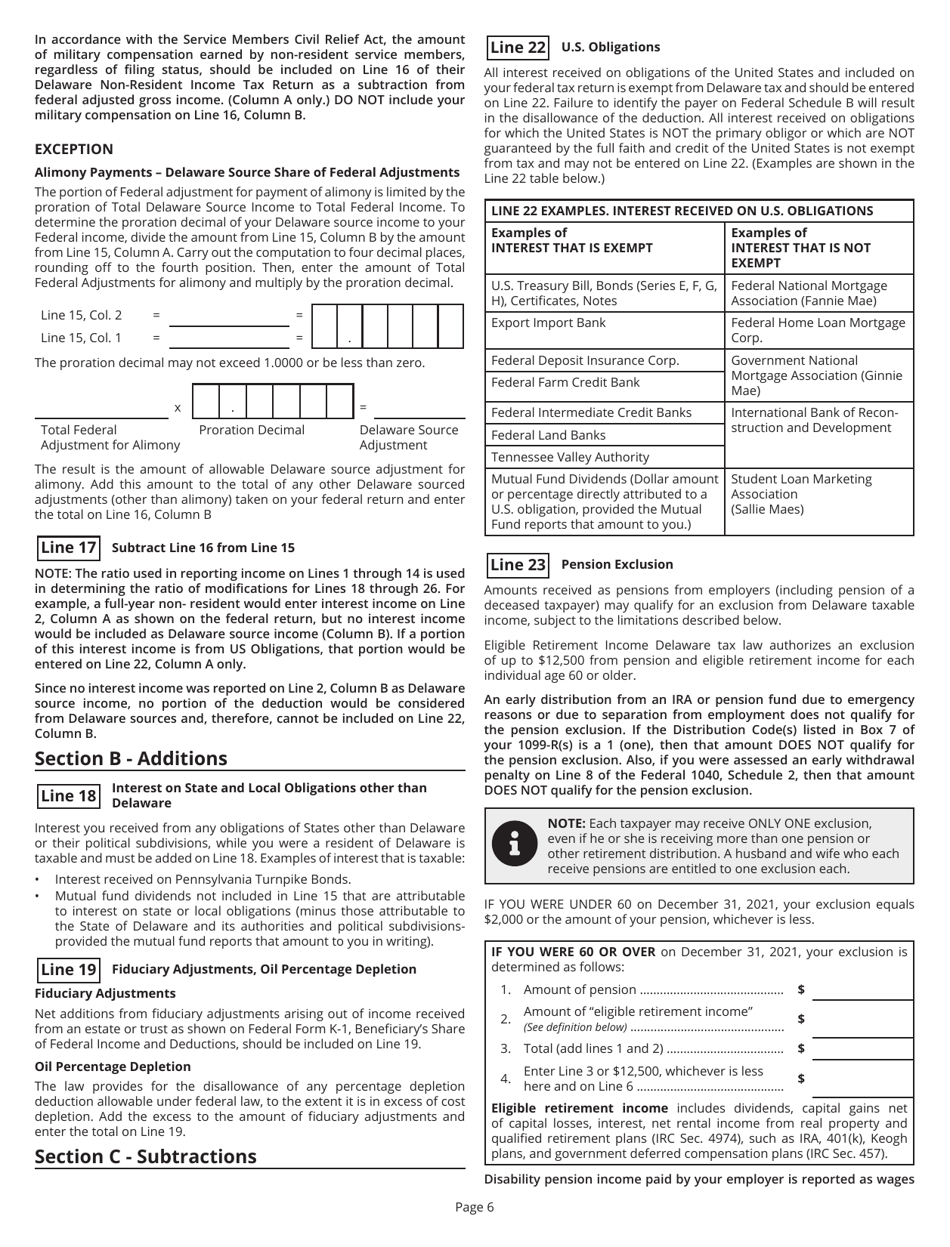 Instructions for Form PIT-NON Delaware Individual Non-resident Income Tax Return - Delaware, Page 6
