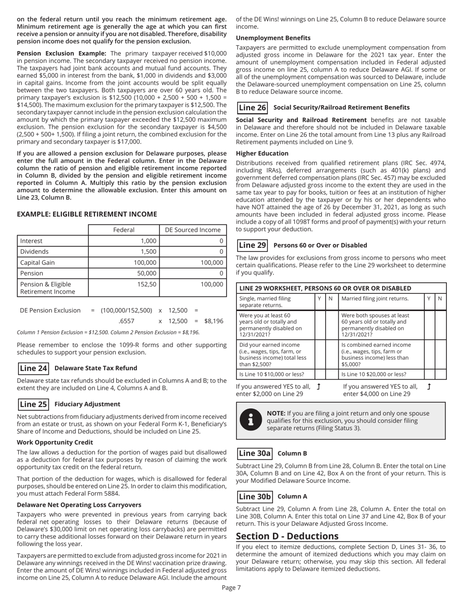 Instructions for Form PIT-NON Delaware Individual Non-resident Income Tax Return - Delaware, Page 7