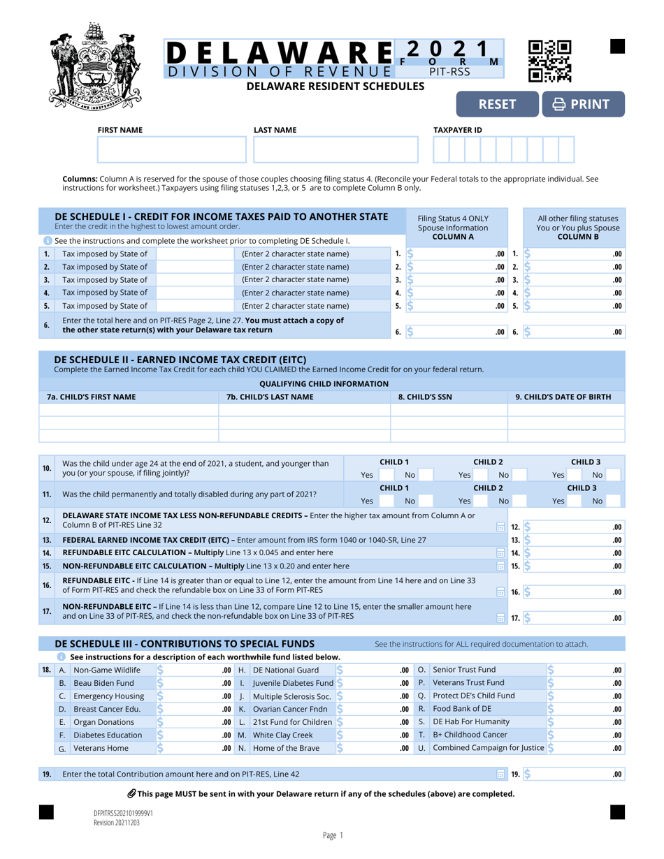 Form PIT-RSS Individual Resident Income Tax Form Schedule - Delaware, Page 1