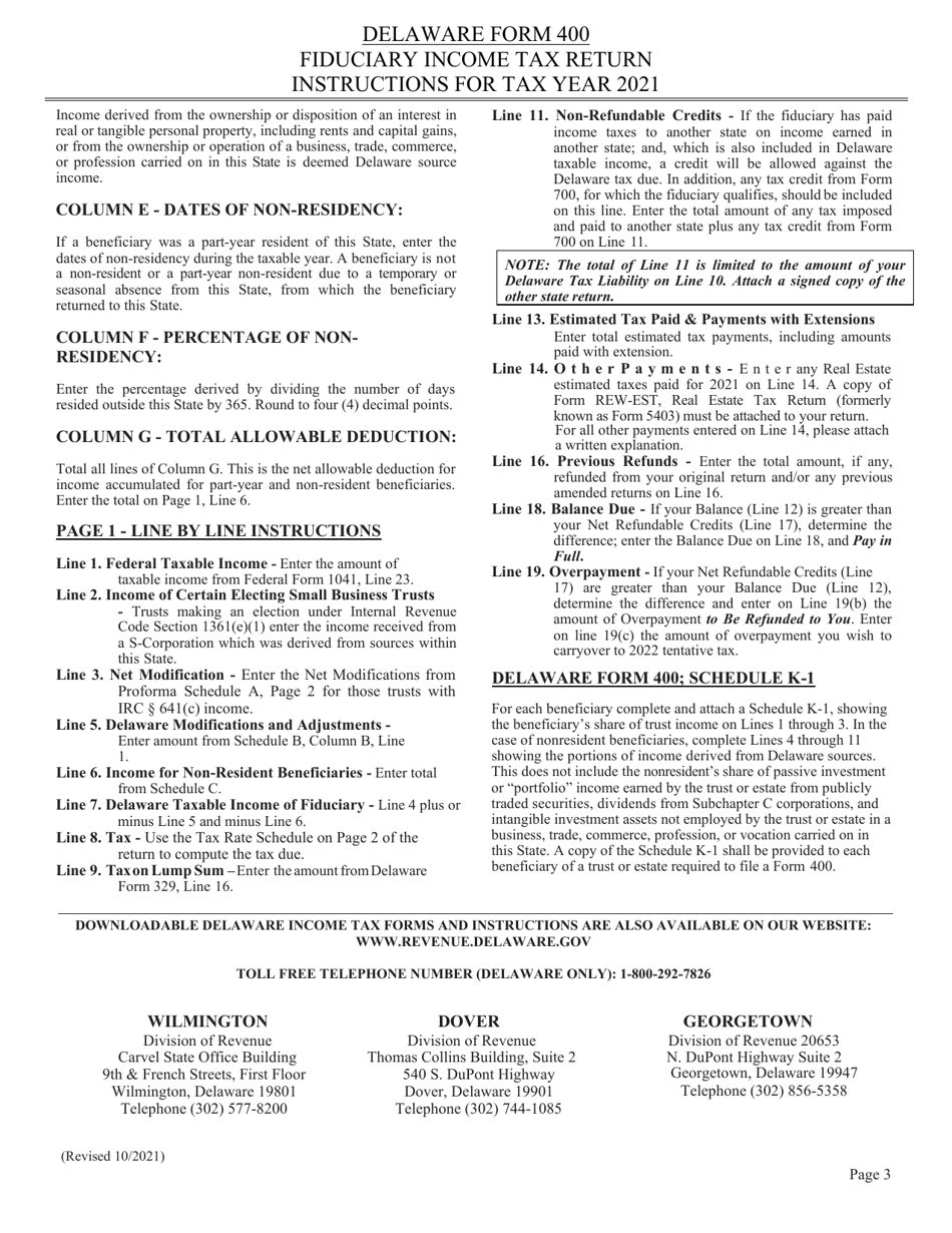 Download Instructions For Form 400 Delaware Fiduciary Income Tax Return ...