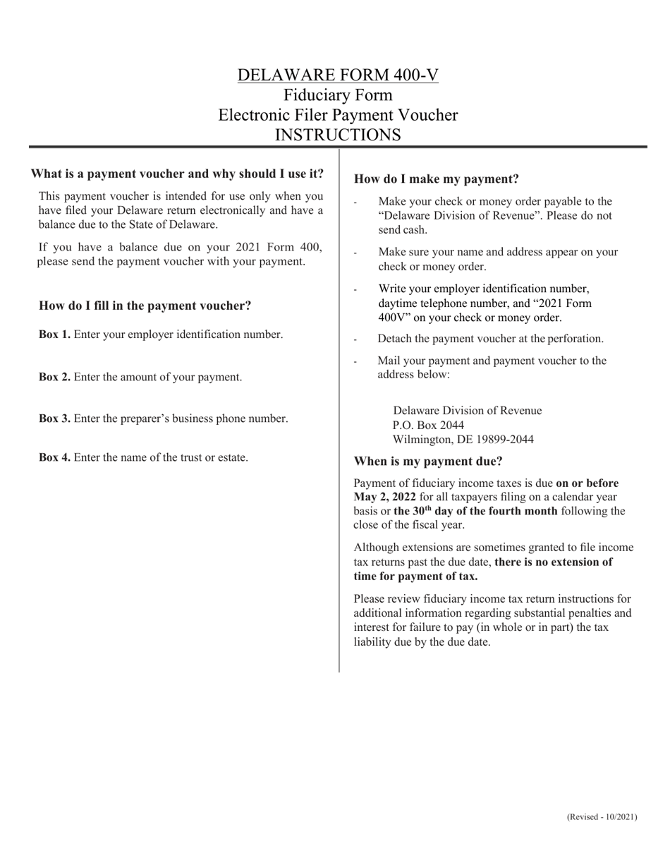 Instructions for Form 400-V Electronic Filer Payment Voucher - Delaware, Page 1