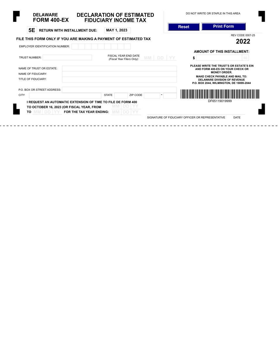 Form 400-EX Declaration of Estimated Fiduciary Income Tax - Delaware, Page 1